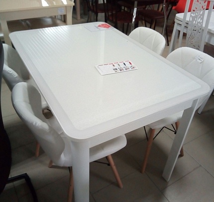 Стол обеденный "Гелиос 1 Кожа" (Крок белый, стекло белое, ЛДСП белый)  опора бел, металл краш.